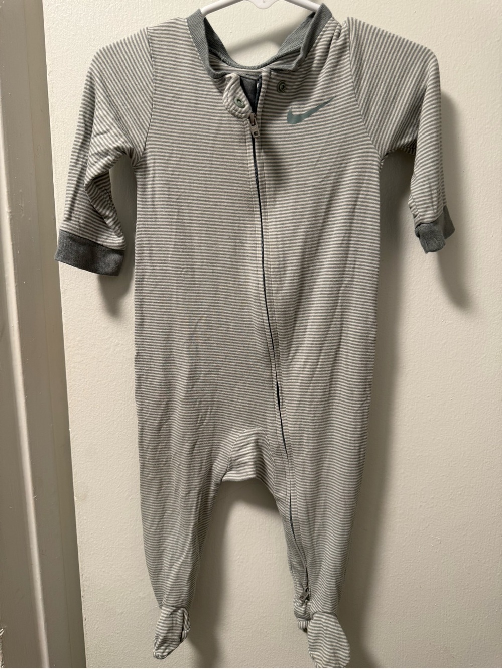 Nike Baby 9M Gray Striped Footed Sleeper Swoosh Zip One Piece